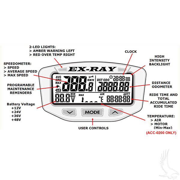 Golf Cart Multi-Function Ex-Ray Digital Speedometer w/o Temperature Sensor Universal Fit