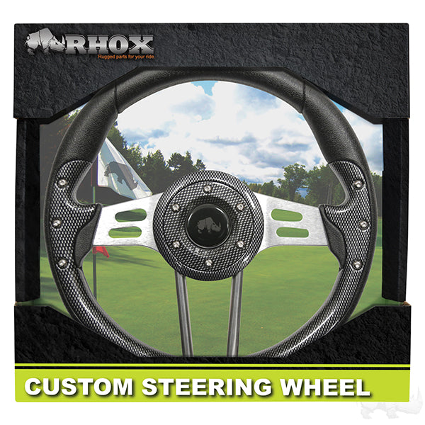 Golf Cart RHOX Aviator 4 Steering Wheel Carbon Fiber Grip w/ Brushed Aluminum Spokes 13" Diameter