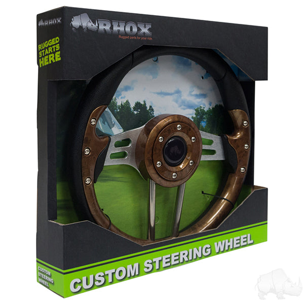 Golf Cart RHOX Aviator 4 Woodgrain Grip/Brushed Aluminum Spokes Steering Wheel 13" Diameter