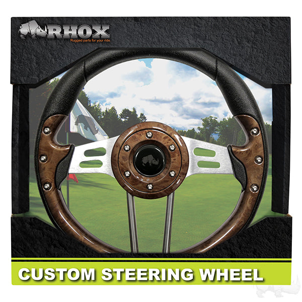 Golf Cart RHOX Aviator 4 Woodgrain Grip/Brushed Aluminum Spokes Steering Wheel 13" Diameter