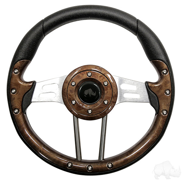Golf Cart RHOX Aviator 4 Woodgrain Grip/Brushed Aluminum Spokes Steering Wheel 13" Diameter