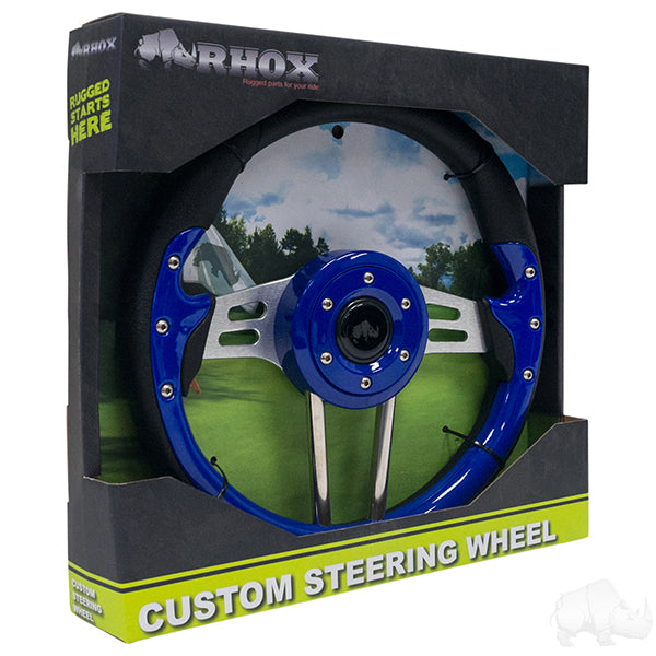 Golf Cart RHOX Aviator 4 Blue Grip/Brushed Aluminum Spokes Steering Wheel 13" Diameter