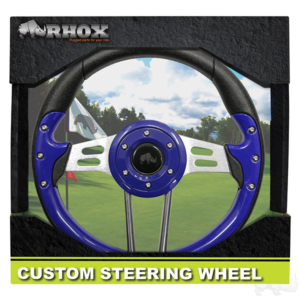 Golf Cart RHOX Aviator 4 Blue Grip/Brushed Aluminum Spokes Steering Wheel 13" Diameter