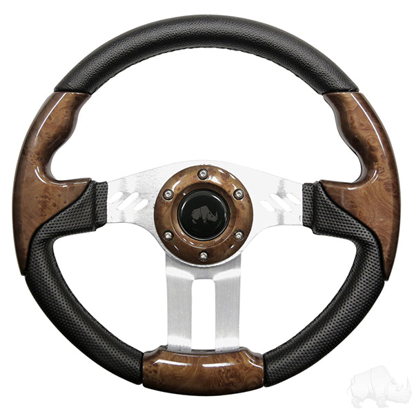 Golf Cart RHOX Aviator 5 Woodgrain Grip/Brushed Aluminum Spokes Steering Wheel 13" Diameter