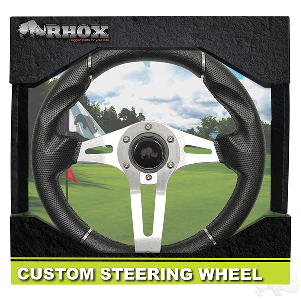 Golf Cart RHOX Challenger Black & Aluminum Steering Wheel 13" Diameter