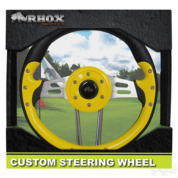 Golf Cart RHOX Aviator 4 Yellow Grip/Brushed Aluminum Spokes Steering Wheel 13" Diameter