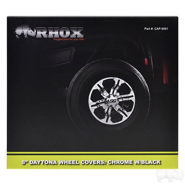 Golf Cart RHOX Wheel Covers 8" Daytona Chrome & Black - Set of 4