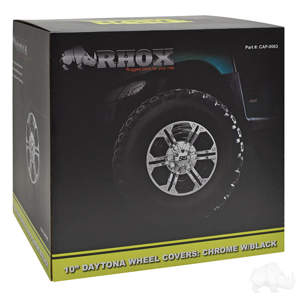 Golf Cart RHOX Wheel Covers 10" Daytona Chrome & Black - Set of 4