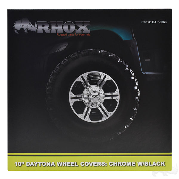 Golf Cart RHOX Wheel Covers 10" Daytona Chrome & Black - Set of 4